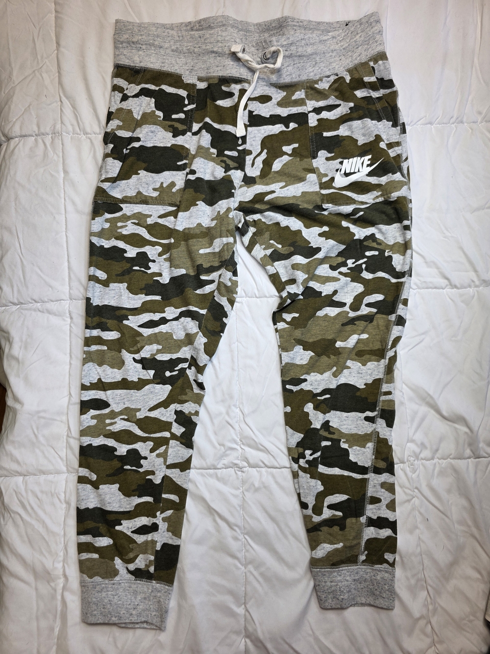 Nike Olive Green Camo And Grey Joggers Women's Size Large Drawstring Waist